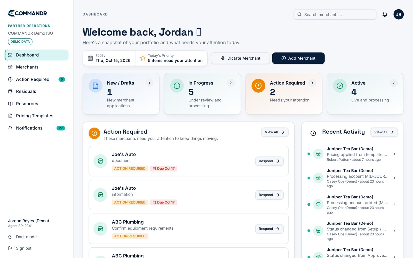COMMANDR partner dashboard showing merchants that need attention